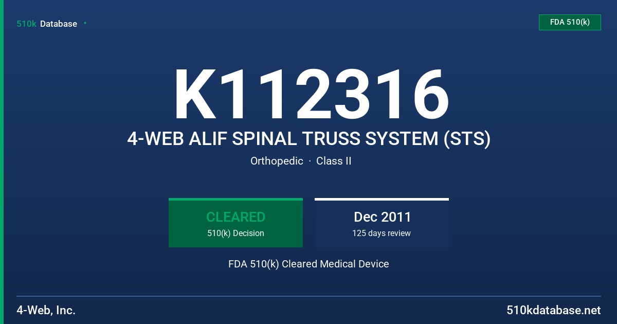 K112316 4-WEB ALIF SPINAL TRUSS SYSTEM (STS) FDA 510(k) Cleared Medical Device