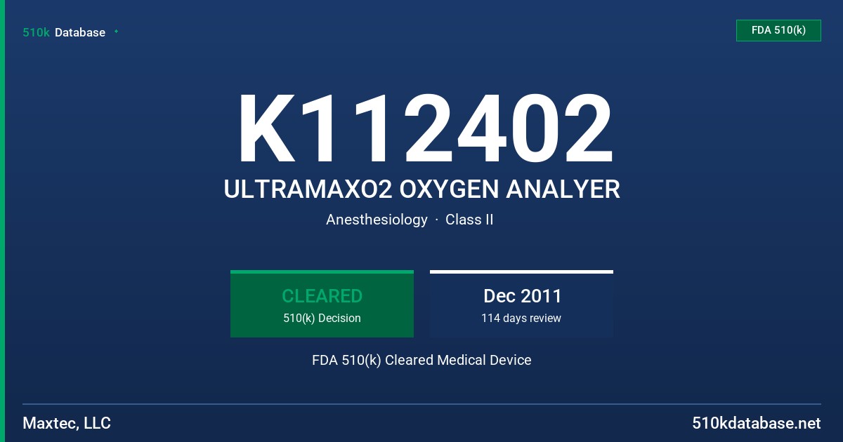 K112402 ULTRAMAXO2 OXYGEN ANALYER FDA 510(k) Cleared Medical Device