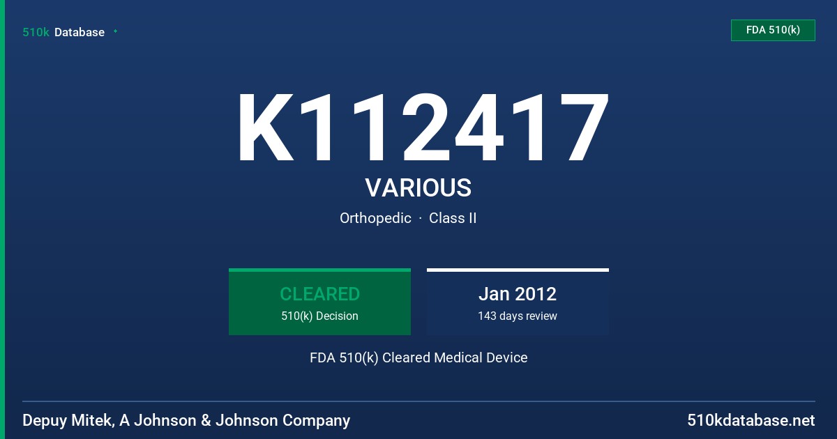 K112417 VARIOUS FDA 510(k) Cleared Medical Device
