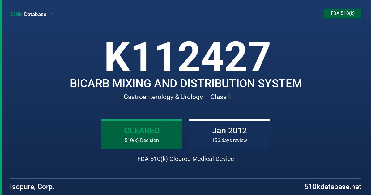 K112427 BICARB MIXING AND DISTRIBUTION SYSTEM FDA 510(k) Cleared Medical Device