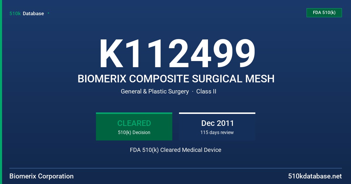 K112499 BIOMERIX COMPOSITE SURGICAL MESH FDA 510(k) Cleared Medical Device
