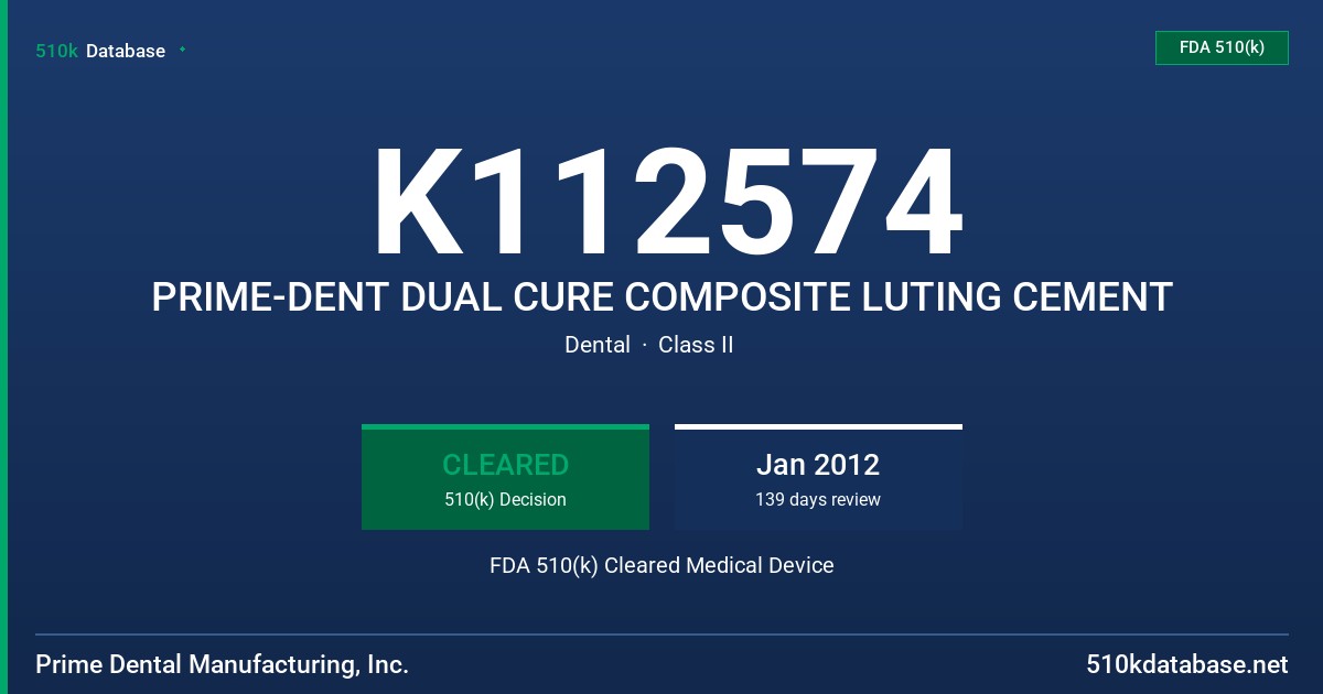 K112574 PRIME-DENT DUAL CURE COMPOSITE LUTING CEMENT FDA 510(k) Cleared Medical Device