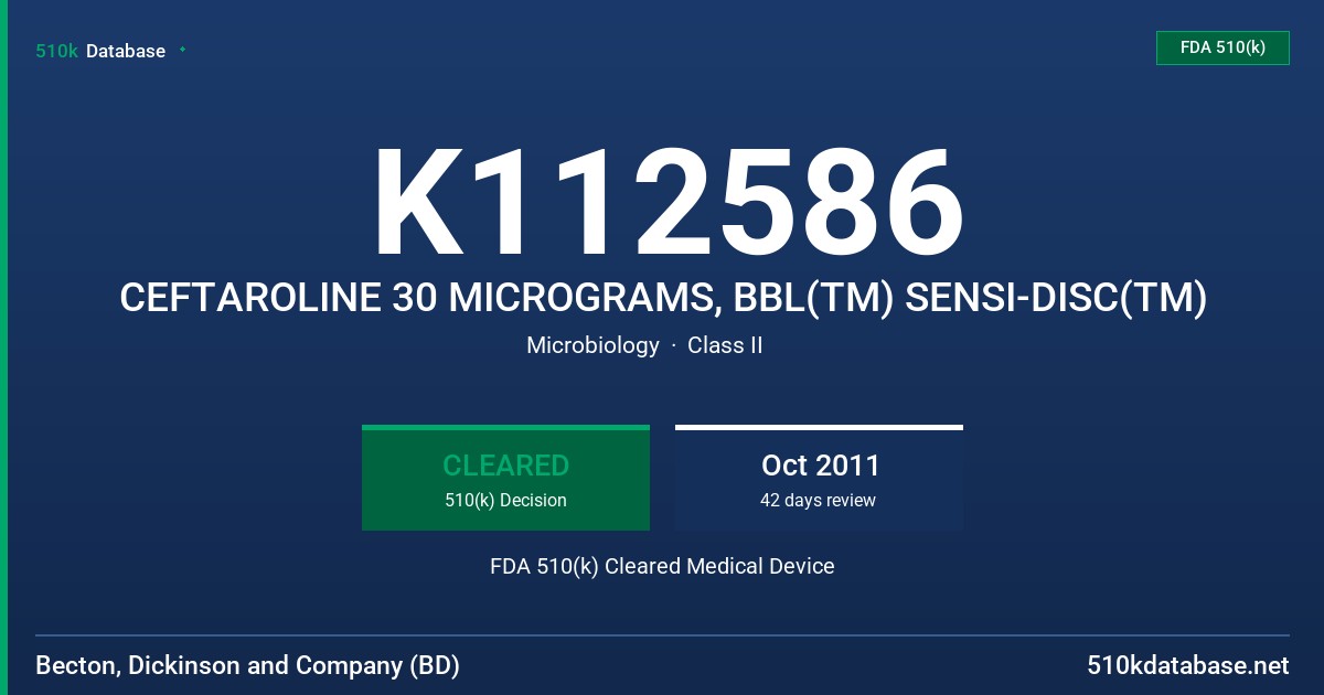 K112586 CEFTAROLINE 30 MICROGRAMS, BBL(TM) SENSI-DISC(TM) FDA 510(k) Cleared Medical Device