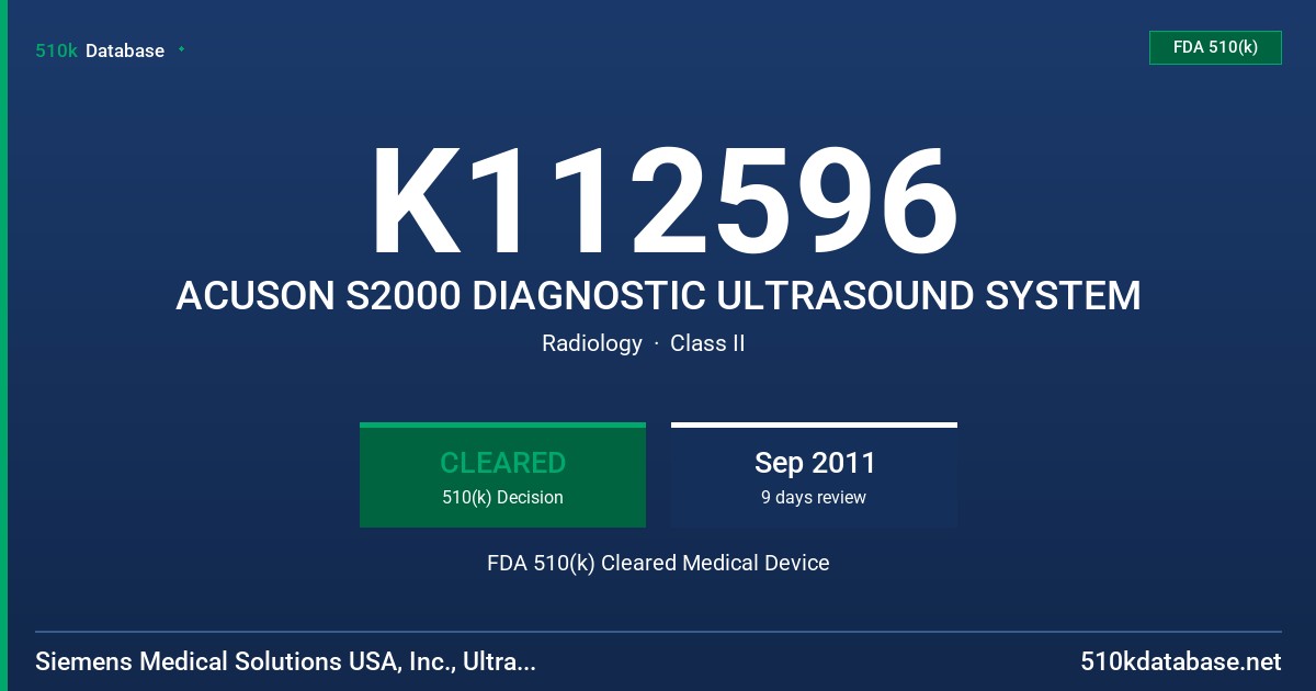 K112596 ACUSON S2000 DIAGNOSTIC ULTRASOUND SYSTEM FDA 510(k) Cleared Medical Device
