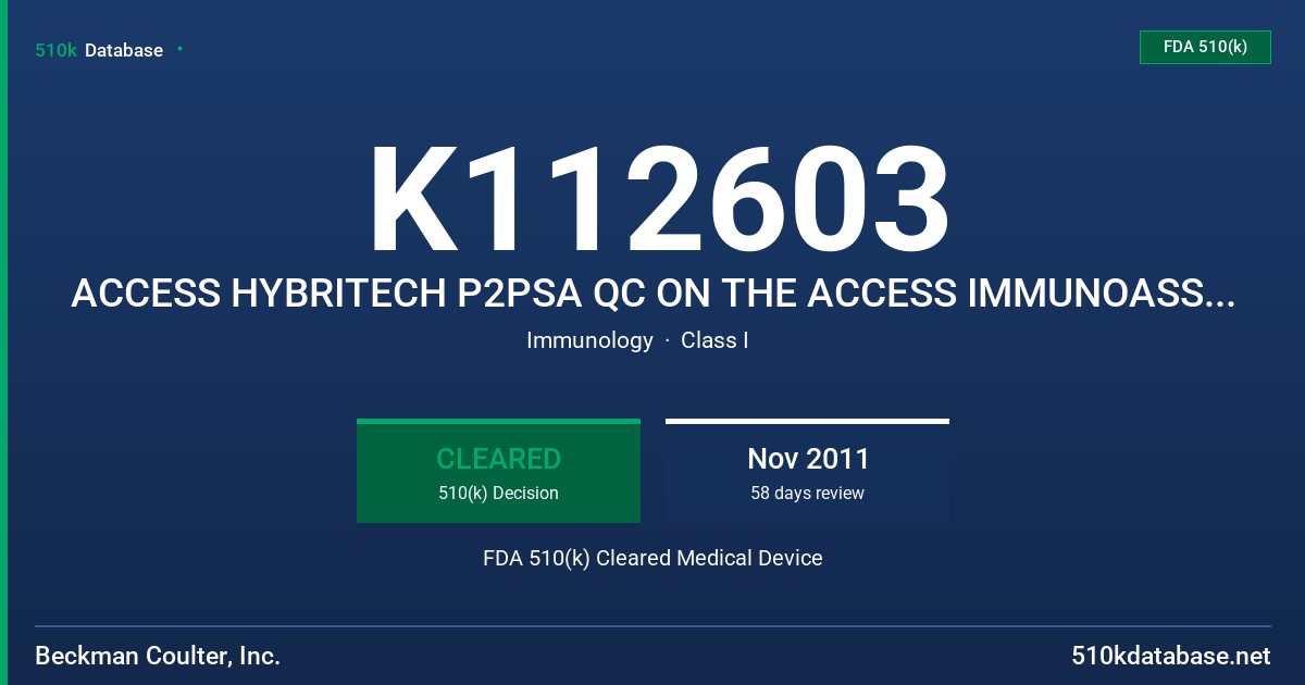 K112603 ACCESS HYBRITECH P2PSA QC ON THE ACCESS IMMUNOASSAY SYSTEMS FDA 510(k) Cleared Medical Device