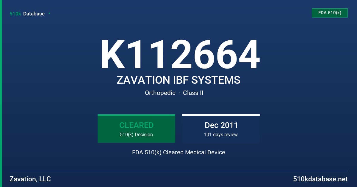 K112664 ZAVATION IBF SYSTEMS FDA 510(k) Cleared Medical Device