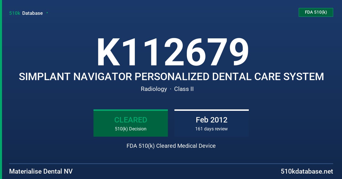 K112679 SIMPLANT NAVIGATOR PERSONALIZED DENTAL CARE SYSTEM FDA 510(k) Cleared Medical Device
