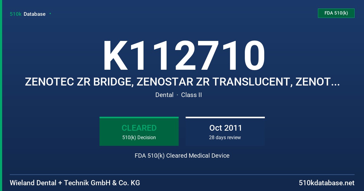 K112710 ZENOTEC ZR BRIDGE, ZENOSTAR ZR TRANSLUCENT, ZENOTEC COLOR ZR, ZENOSTAR COLOR ZR FDA 510(k) Cleared Medical Device