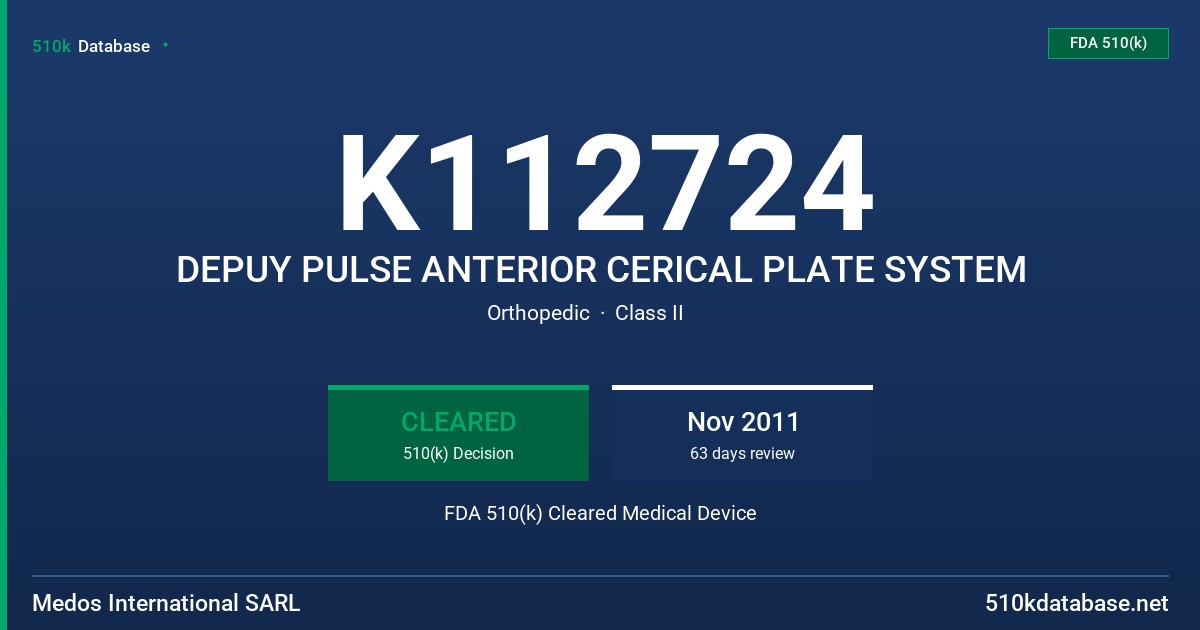 K112724 DEPUY PULSE ANTERIOR CERICAL PLATE SYSTEM FDA 510(k) Cleared Medical Device