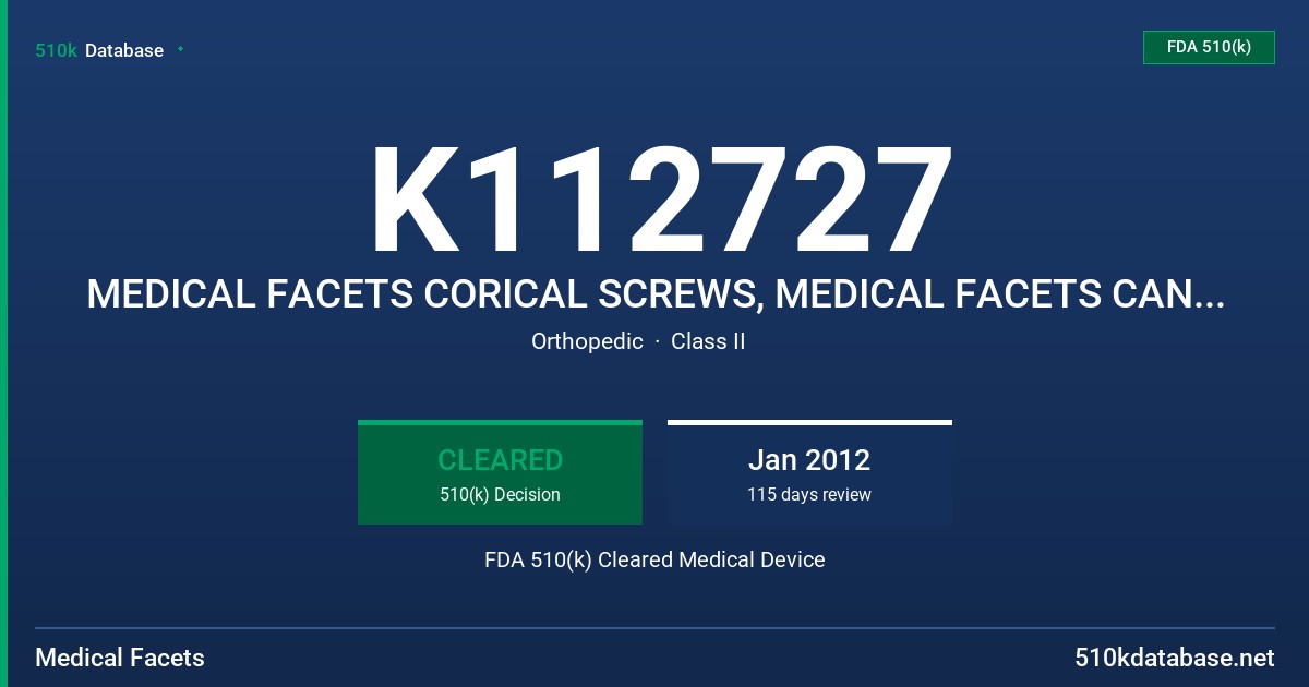 K112727 MEDICAL FACETS CORICAL SCREWS, MEDICAL FACETS CANCELLOUS SCREWS, MEDICAL FACETS HEADLESS COMPRESSION SCREWS, MEDICAL FDA 510(k) Cleared Medical Device