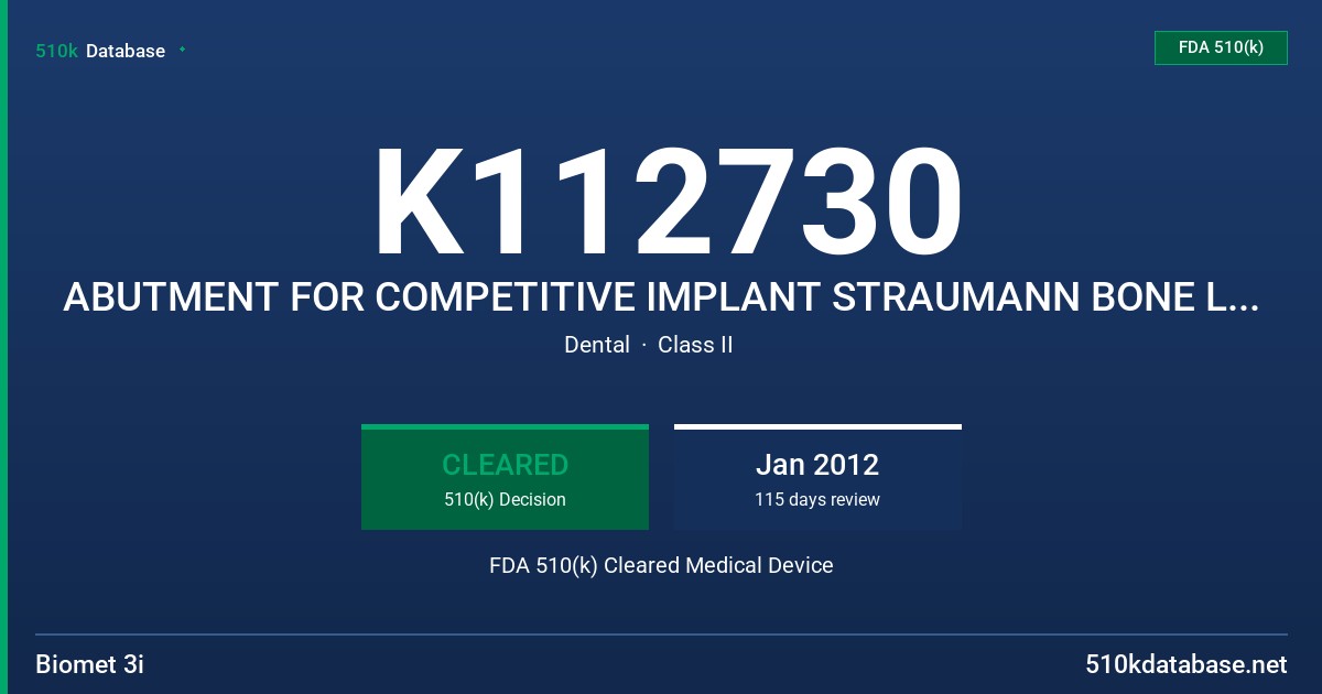 K112730 ABUTMENT FOR COMPETITIVE IMPLANT STRAUMANN BONE LEVEL CONNECTION FDA 510(k) Cleared Medical Device