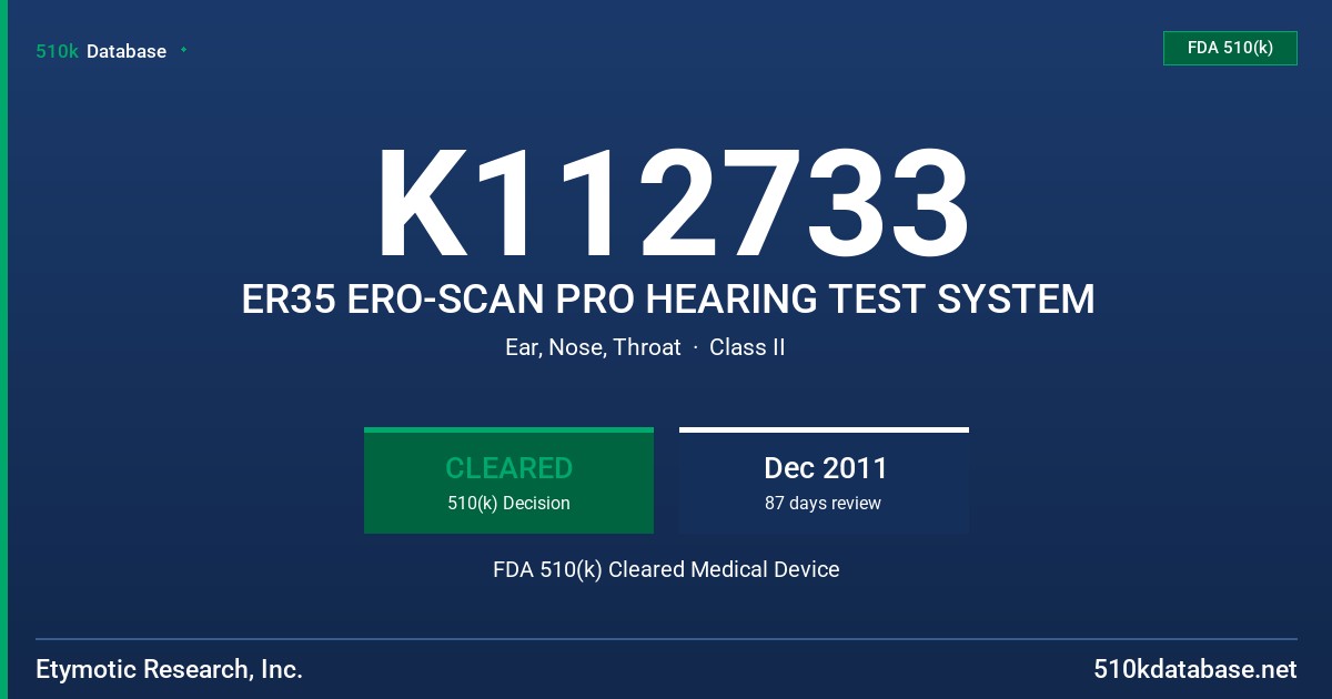 K112733 ER35 ERO-SCAN PRO HEARING TEST SYSTEM FDA 510(k) Cleared Medical Device