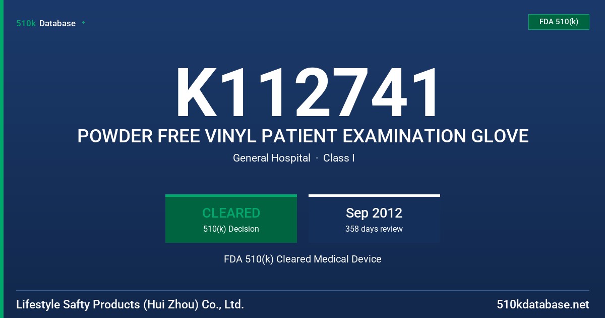 K112741 POWDER FREE VINYL PATIENT EXAMINATION GLOVE FDA 510(k) Cleared Medical Device