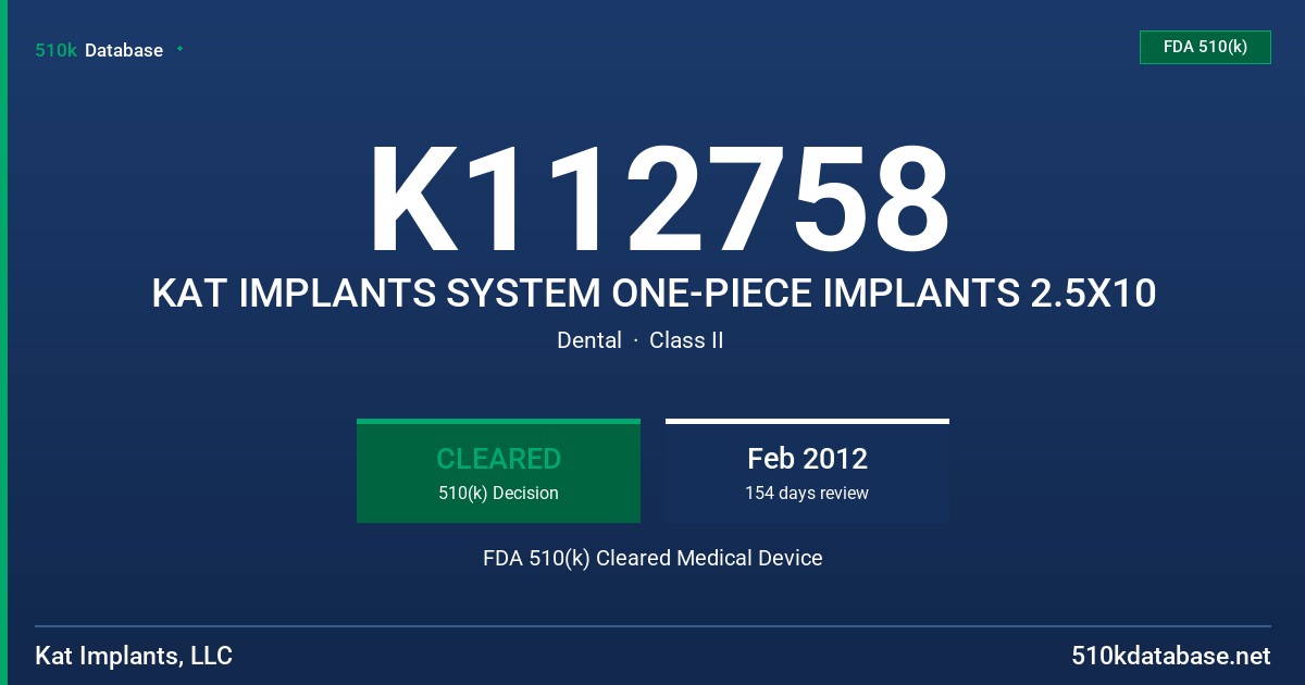 K112758 KAT IMPLANTS SYSTEM ONE-PIECE IMPLANTS 2.5X10 FDA 510(k) Cleared Medical Device