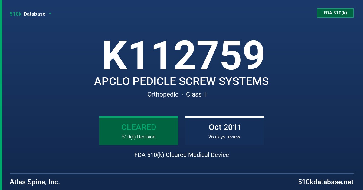 K112759 APCLO PEDICLE SCREW SYSTEMS FDA 510(k) Cleared Medical Device