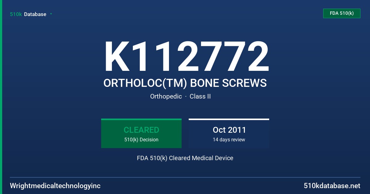 K112772 ORTHOLOC(TM) BONE SCREWS FDA 510(k) Cleared Medical Device