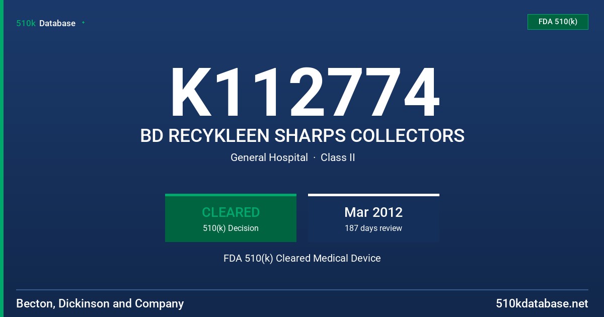 K112774 BD RECYKLEEN SHARPS COLLECTORS FDA 510(k) Cleared Medical Device