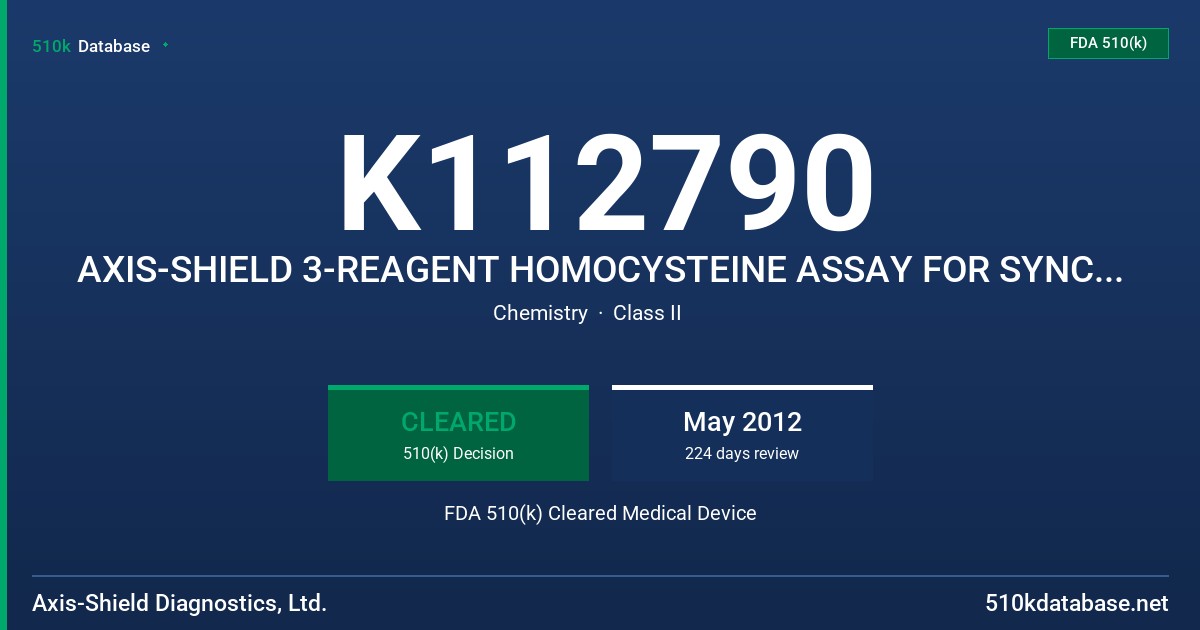 K112790 AXIS-SHIELD 3-REAGENT HOMOCYSTEINE ASSAY FOR SYNCHRON FDA 510(k) Cleared Medical Device