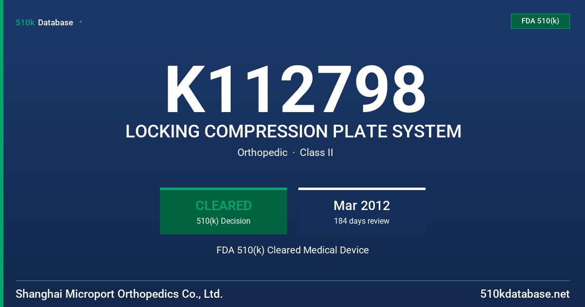 K112798 LOCKING COMPRESSION PLATE SYSTEM FDA 510(k) Cleared Medical Device