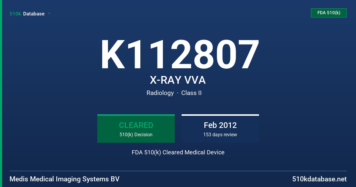 K112807 X-RAY VVA FDA 510(k) Cleared Medical Device