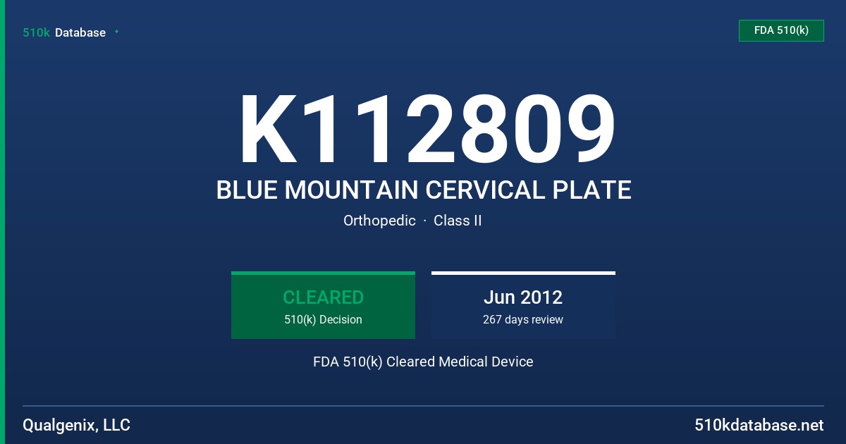 K112809 BLUE MOUNTAIN CERVICAL PLATE FDA 510(k) Cleared Medical Device