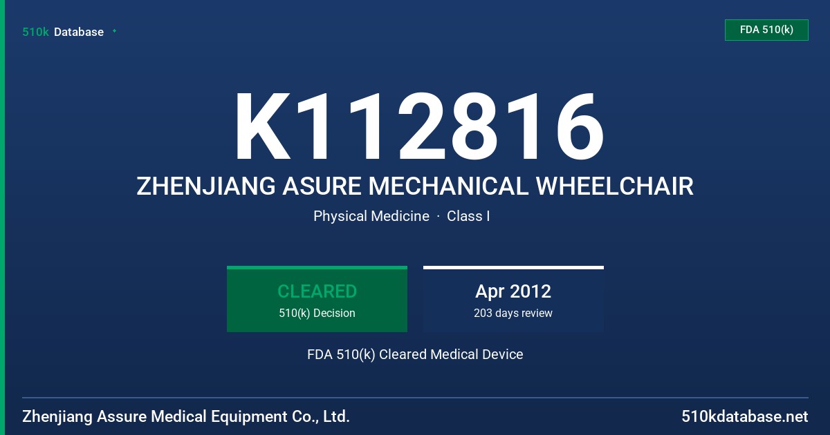 K112816 ZHENJIANG ASURE MECHANICAL WHEELCHAIR FDA 510(k) Cleared Medical Device