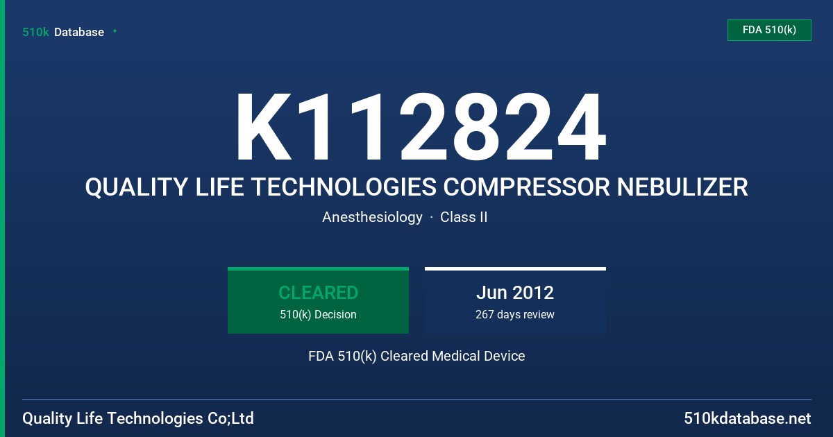 K112824 QUALITY LIFE TECHNOLOGIES COMPRESSOR NEBULIZER FDA 510(k) Cleared Medical Device