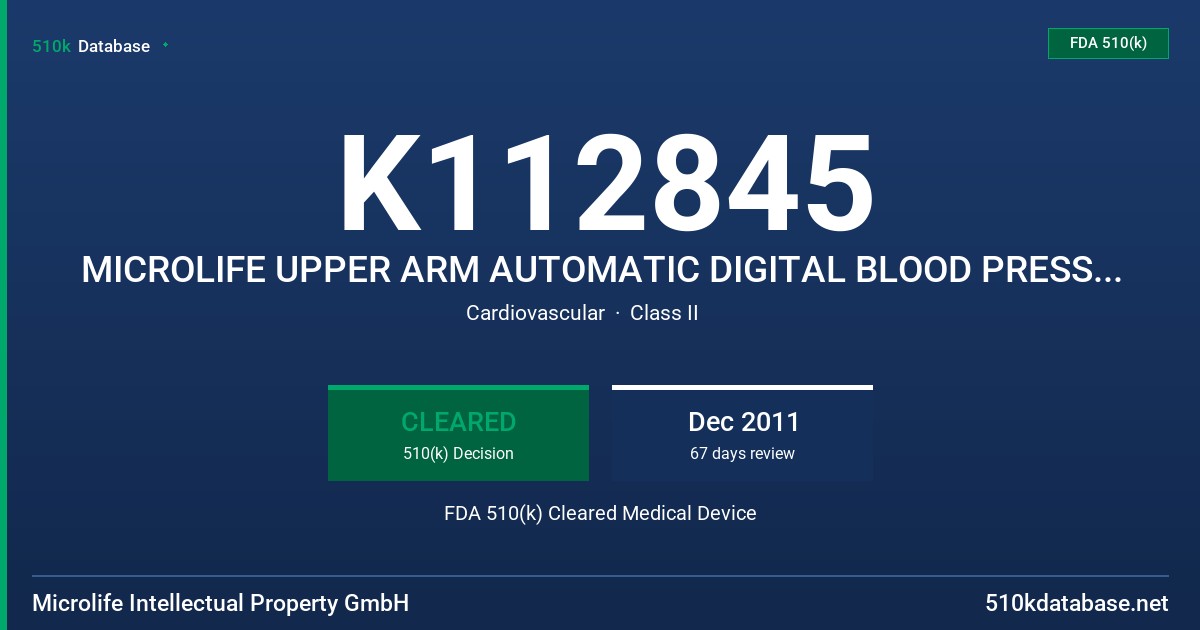 K112845 MICROLIFE UPPER ARM AUTOMATIC DIGITAL BLOOD PRESSURE MONITOR FDA 510(k) Cleared Medical Device