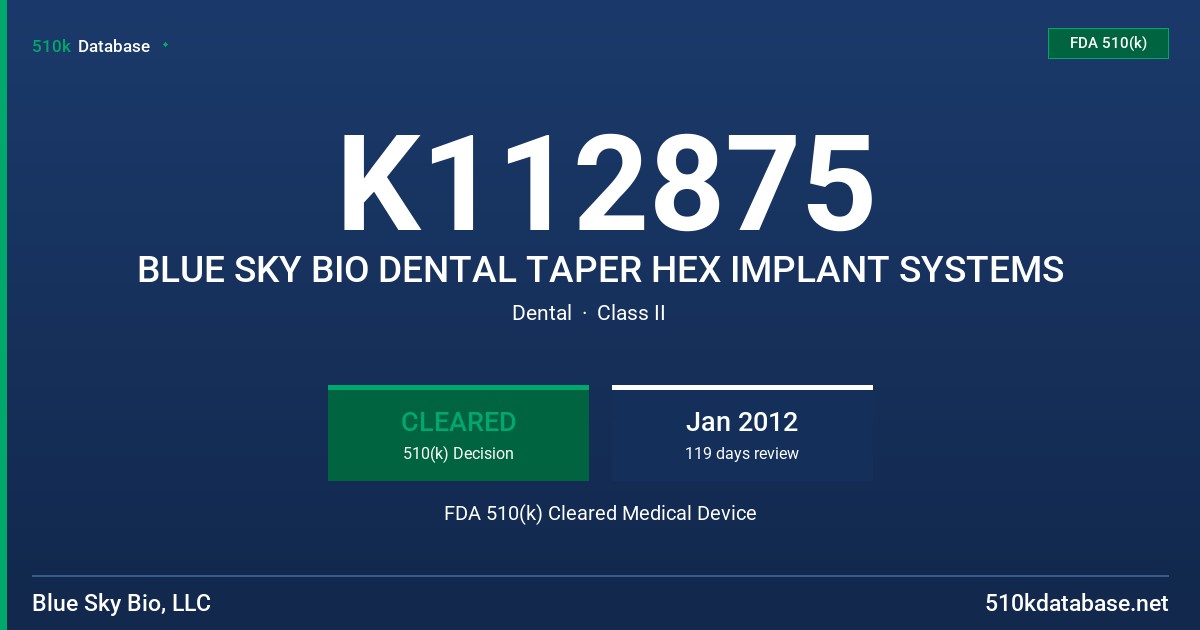 K112875 BLUE SKY BIO DENTAL TAPER HEX IMPLANT SYSTEMS FDA 510(k) Cleared Medical Device