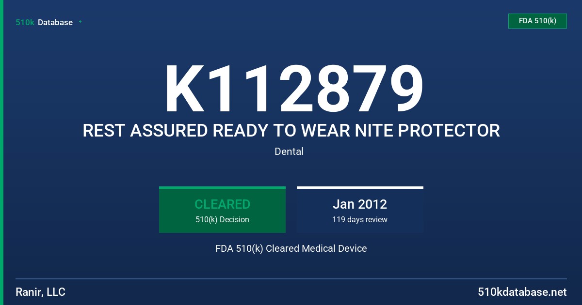 K112879 REST ASSURED READY TO WEAR NITE PROTECTOR FDA 510(k) Cleared Medical Device
