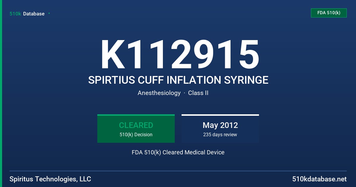 K112915 SPIRTIUS CUFF INFLATION SYRINGE FDA 510(k) Cleared Medical Device