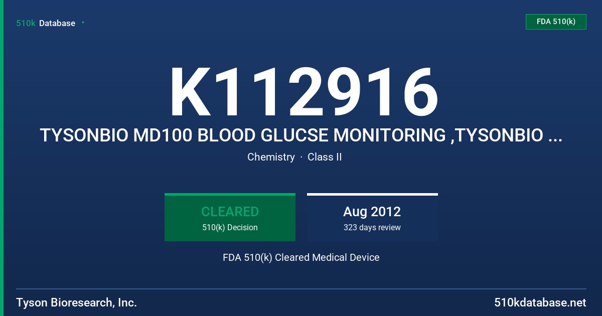 K112916 TYSONBIO MD100 BLOOD GLUCSE MONITORING ,TYSONBIO MD100 PRO BLOOD GLUCISE MONITORING SYSTEM FDA 510(k) Cleared Medical Device