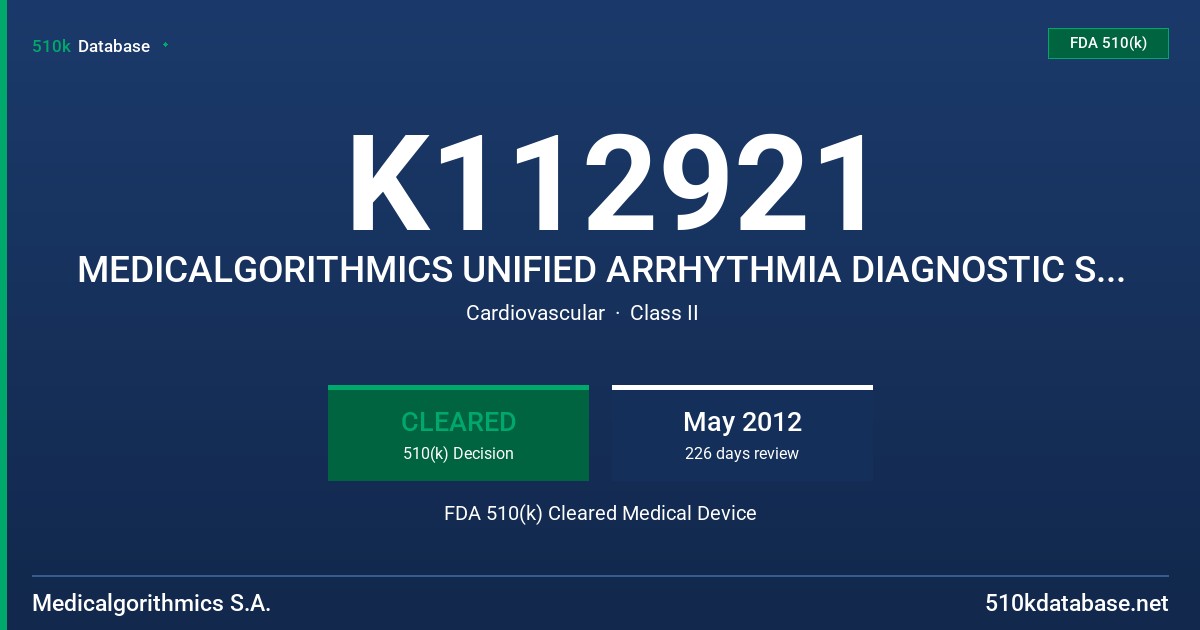 K112921 MEDICALGORITHMICS UNIFIED ARRHYTHMIA DIAGNOSTIC SYSTEM FDA 510(k) Cleared Medical Device