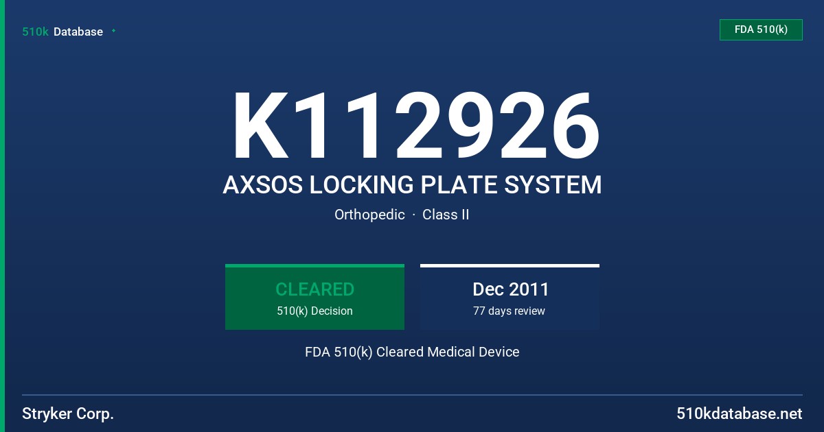 K112926 AXSOS LOCKING PLATE SYSTEM FDA 510(k) Cleared Medical Device
