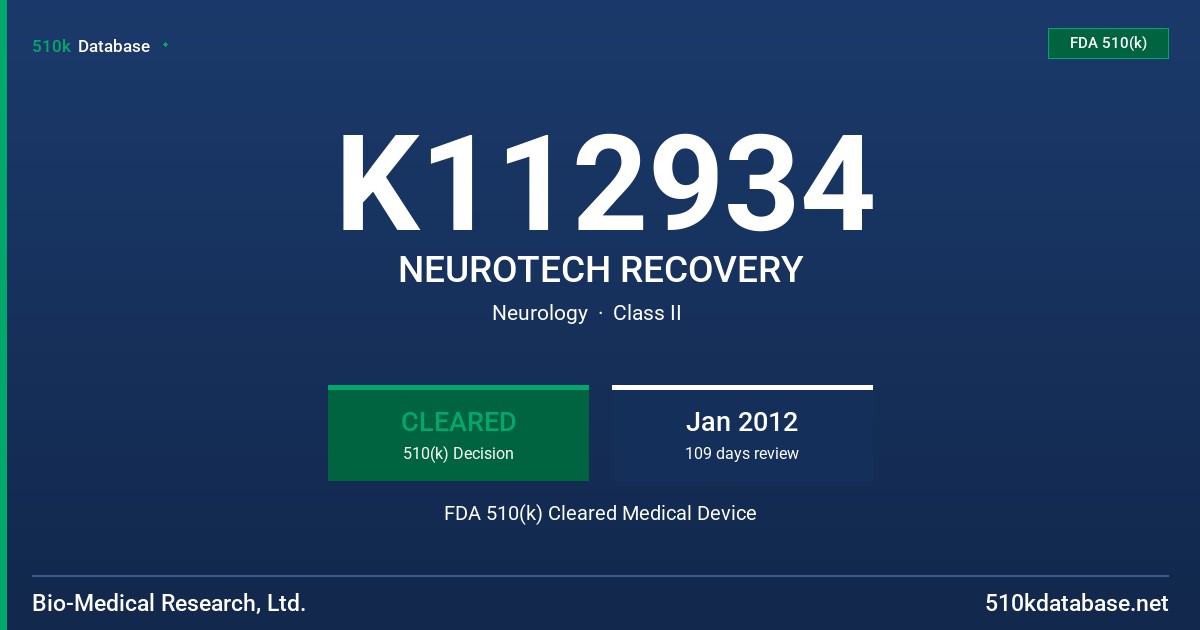K112934 NEUROTECH RECOVERY FDA 510(k) Cleared Medical Device