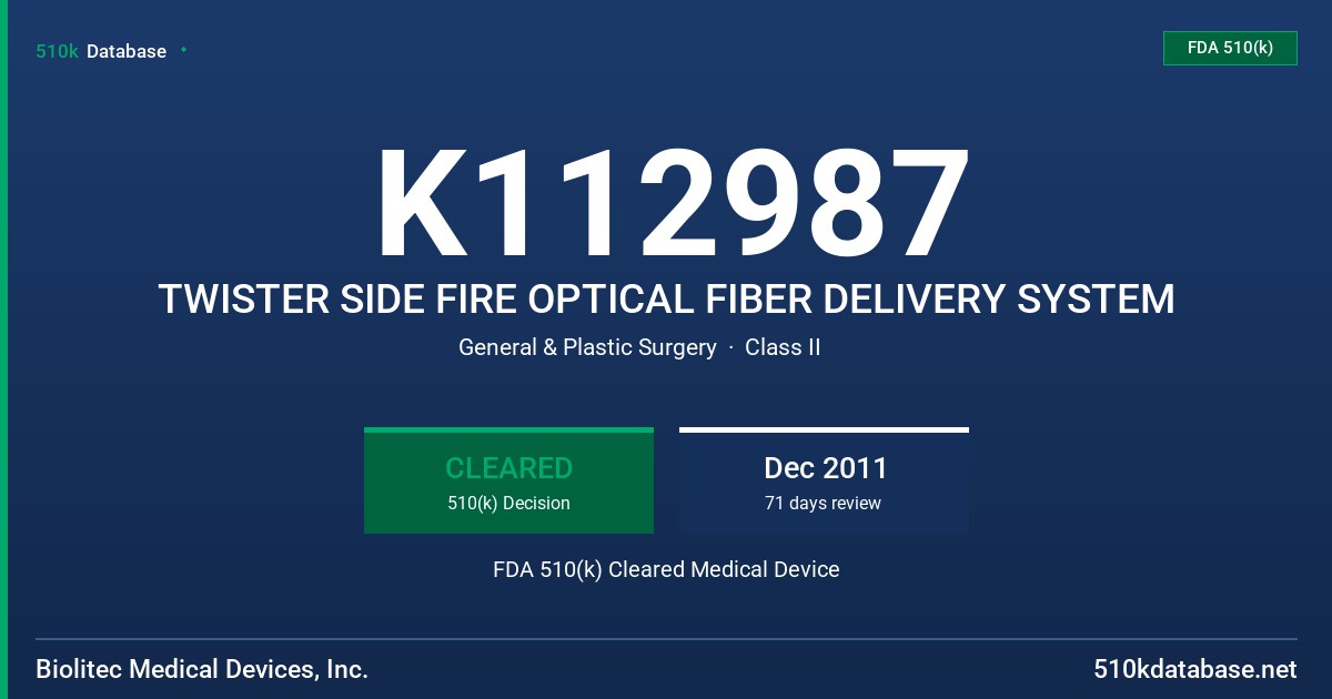 K112987 TWISTER SIDE FIRE OPTICAL FIBER DELIVERY SYSTEM FDA 510(k) Cleared Medical Device