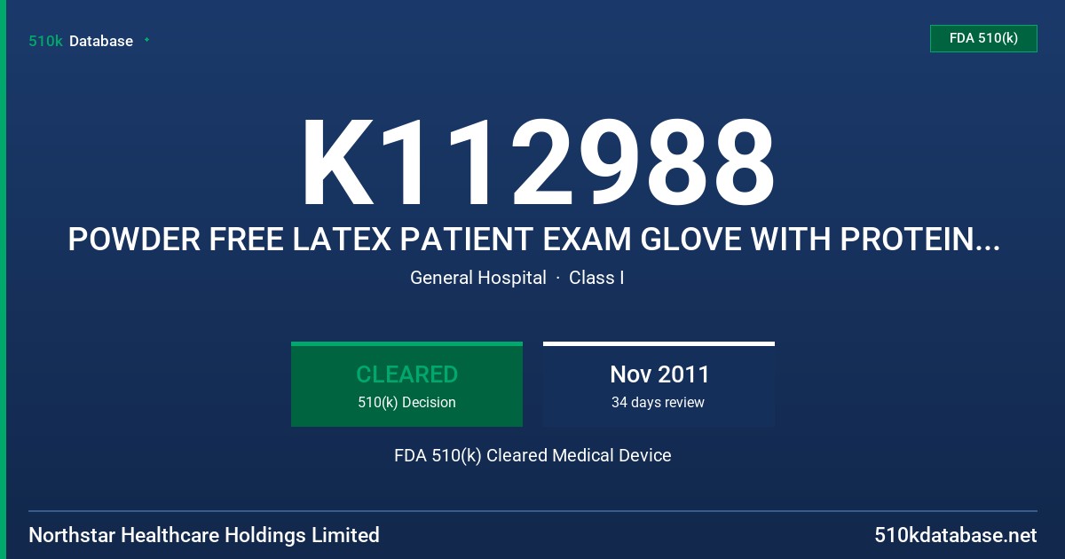 K112988 POWDER FREE LATEX PATIENT EXAM GLOVE WITH PROTEIN LABELING CLAIM (50 MICROGRAMS PER DM SQUARED OR LESS OF WATER SOLUBLE FDA 510(k) Cleared Medical Device
