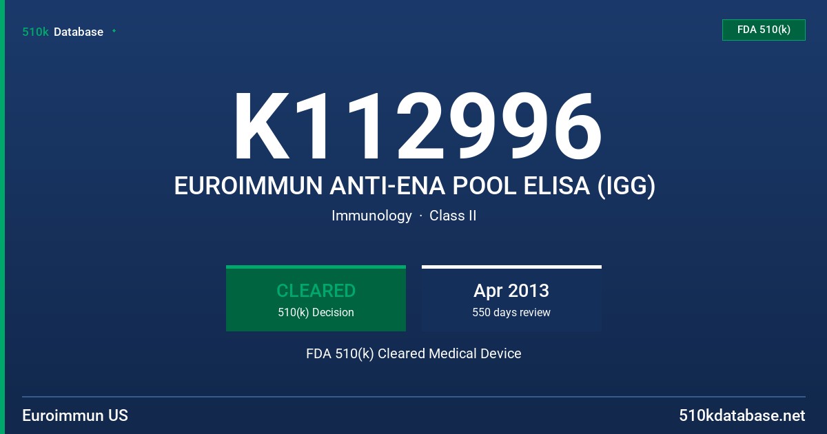 K112996 EUROIMMUN ANTI-ENA POOL ELISA (IGG) FDA 510(k) Cleared Medical Device