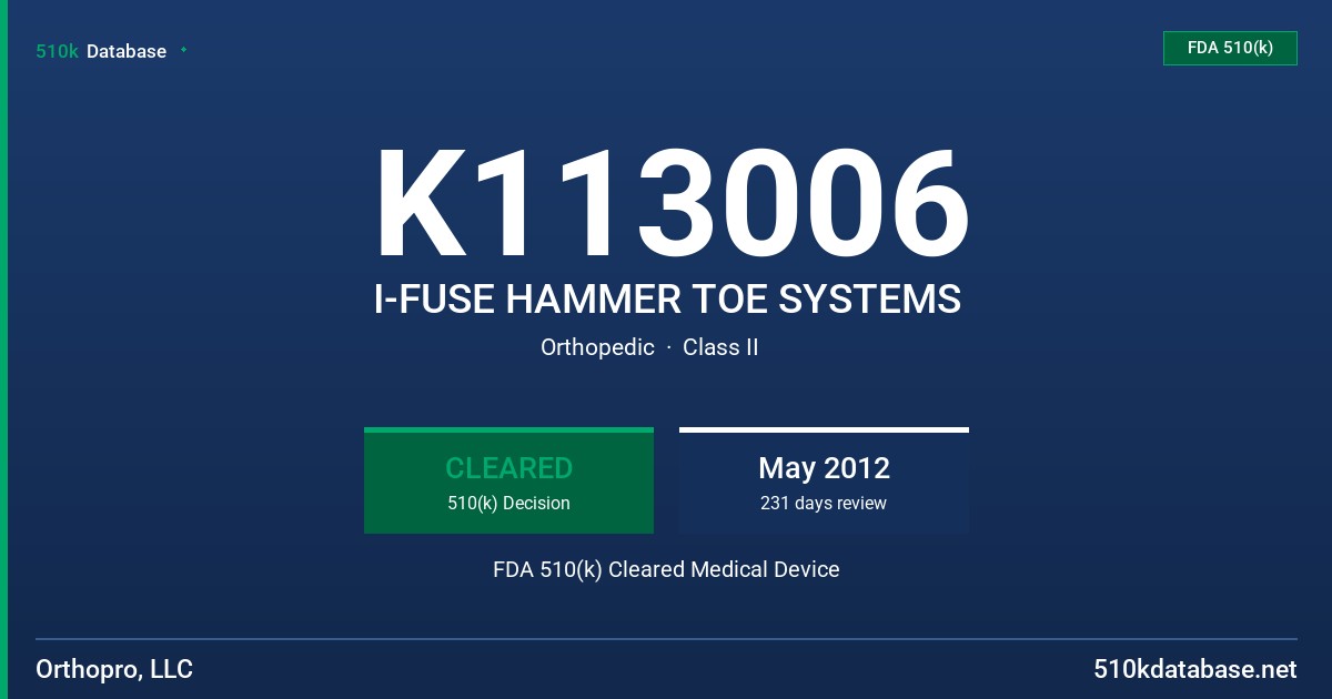 K113006 I-FUSE HAMMER TOE SYSTEMS FDA 510(k) Cleared Medical Device