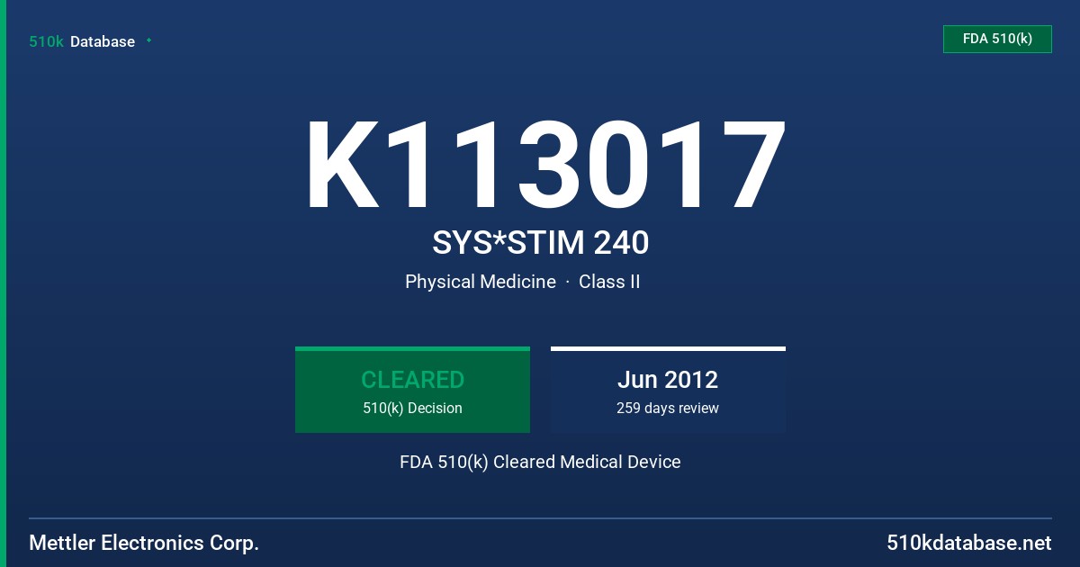 K113017 SYS*STIM 240 FDA 510(k) Cleared Medical Device