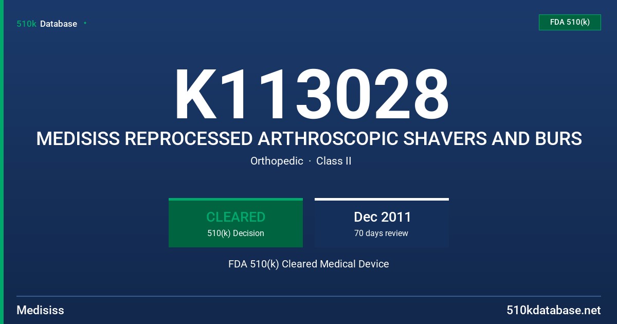 K113028 MEDISISS REPROCESSED ARTHROSCOPIC SHAVERS AND BURS FDA 510(k) Cleared Medical Device