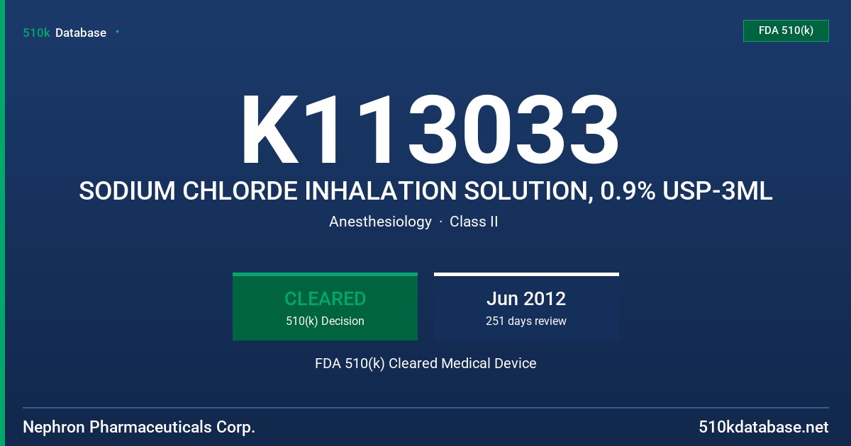 K113033 SODIUM CHLORDE INHALATION SOLUTION, 0.9% USP-3ML FDA 510(k) Cleared Medical Device