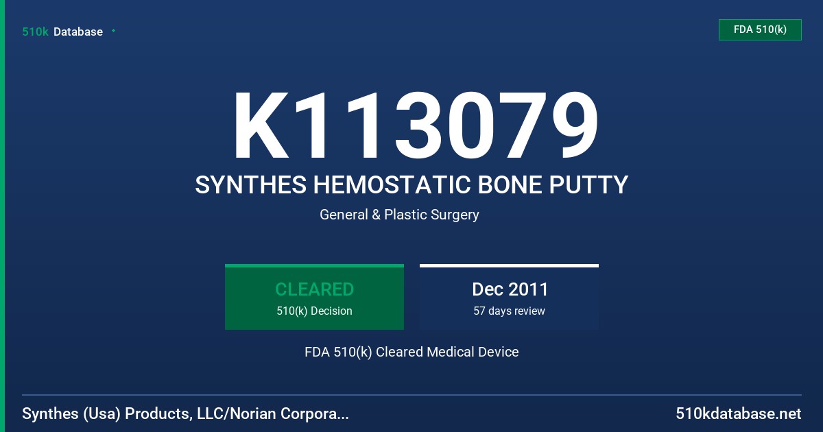 K113079 SYNTHES HEMOSTATIC BONE PUTTY FDA 510(k) Cleared Medical Device