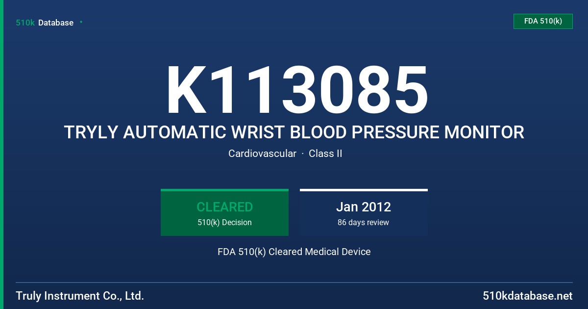 K113085 TRYLY AUTOMATIC WRIST BLOOD PRESSURE MONITOR FDA 510(k) Cleared Medical Device