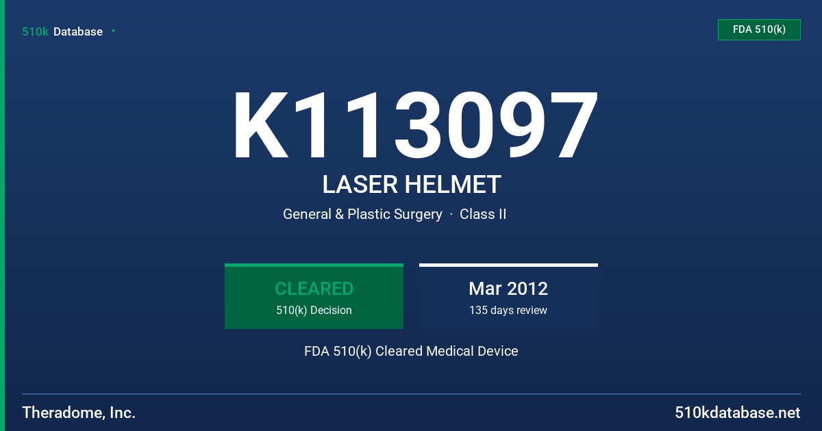 K113097 LASER HELMET FDA 510(k) Cleared Medical Device