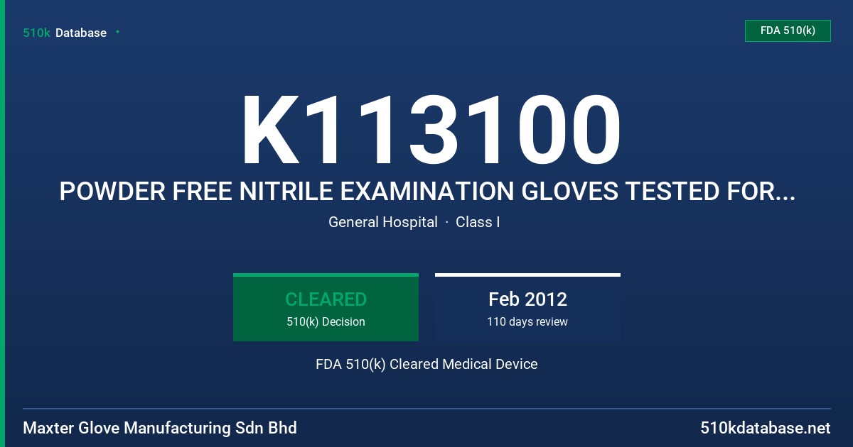 K113100 POWDER FREE NITRILE EXAMINATION GLOVES TESTED FOR USE WITH CHEMOTHERAPY DRUGS FDA 510(k) Cleared Medical Device