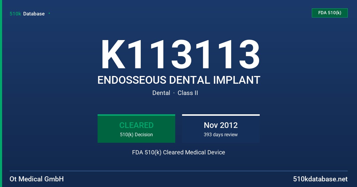 K113113 ENDOSSEOUS DENTAL IMPLANT FDA 510(k) Cleared Medical Device