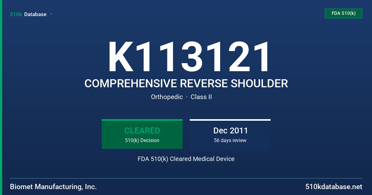 K113121 COMPREHENSIVE REVERSE SHOULDER FDA 510(k) Cleared Medical Device
