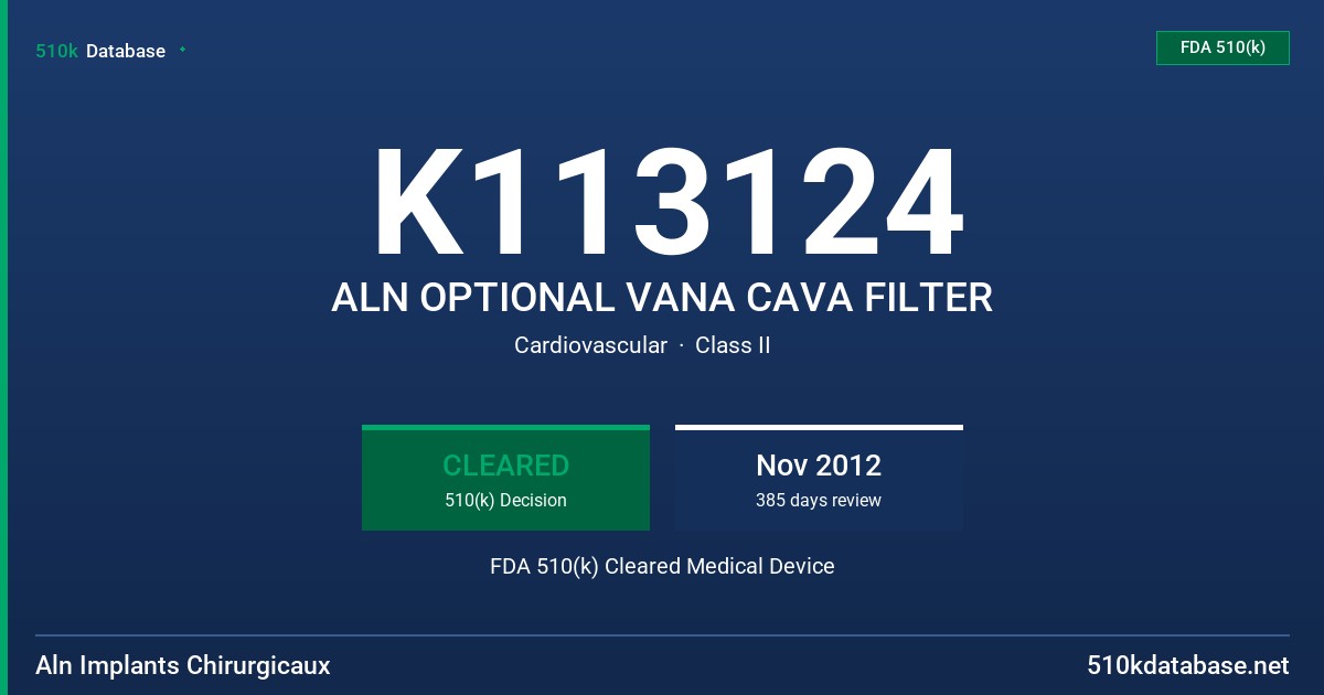 K113124 ALN OPTIONAL VANA CAVA FILTER FDA 510(k) Cleared Medical Device