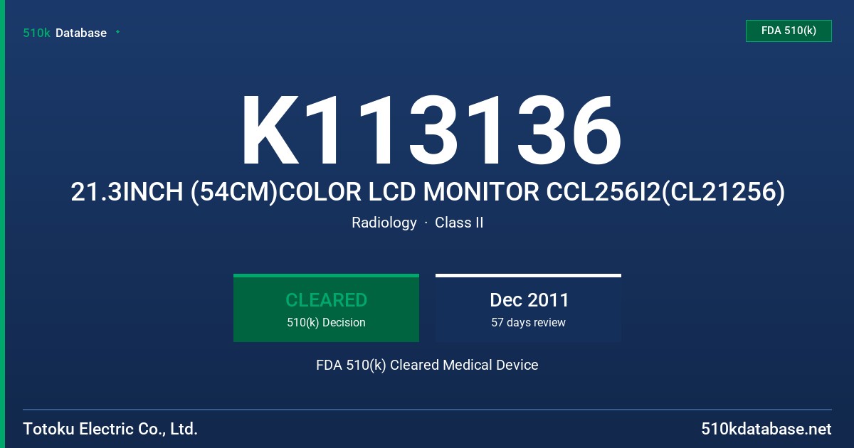 K113136 21.3INCH (54CM)COLOR LCD MONITOR CCL256I2(CL21256) FDA 510(k) Cleared Medical Device